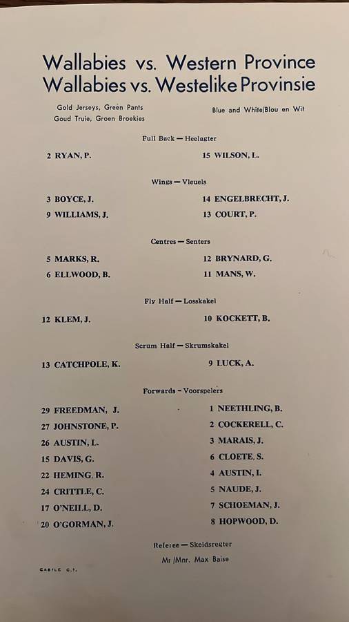1963 Western Province  vs Wallabies at Newlands, Multiple Signatures Programme, details below