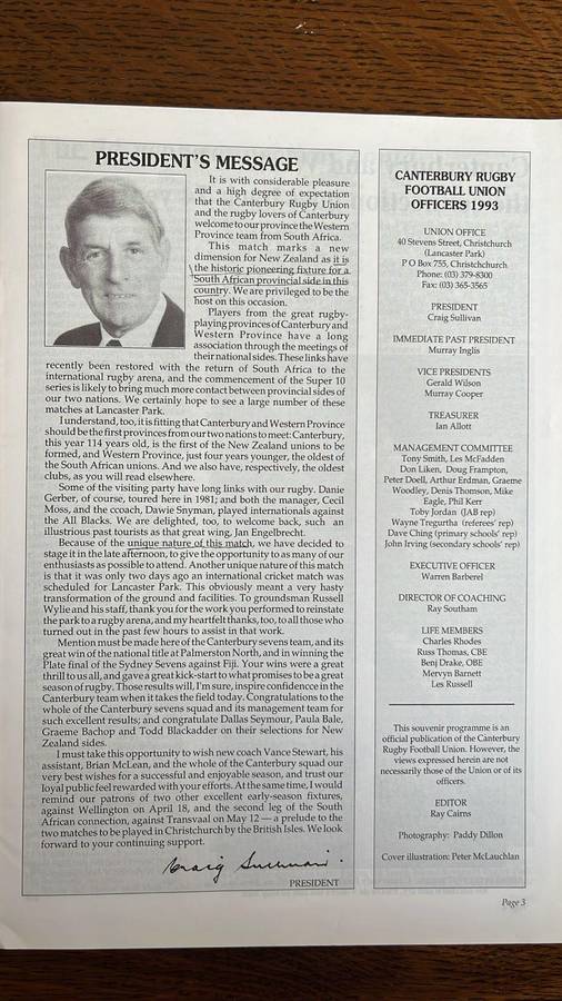Unusual Programme - 1993 Canterbury vs Western Province in Christchurch, details below
