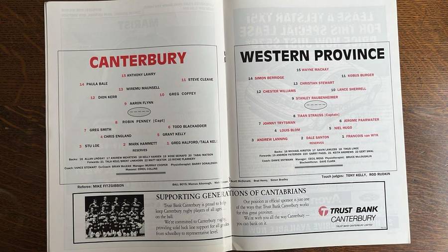 Unusual Programme - 1993 Canterbury vs Western Province in Christchurch, details below