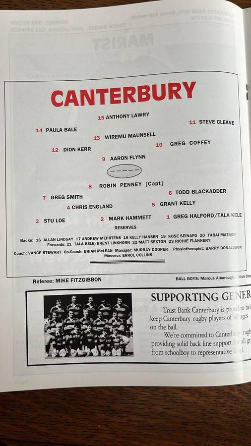 Unusual Programme - 1993 Canterbury vs Western Province in Christchurch, details below