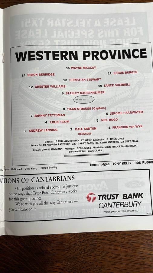 Unusual Programme - 1993 Canterbury vs Western Province in Christchurch, details below