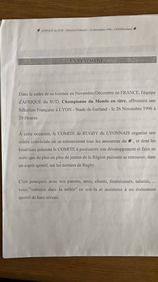 1996 South Africa vs Selection Française-Invitation from the President of Lyons Rugby, details below