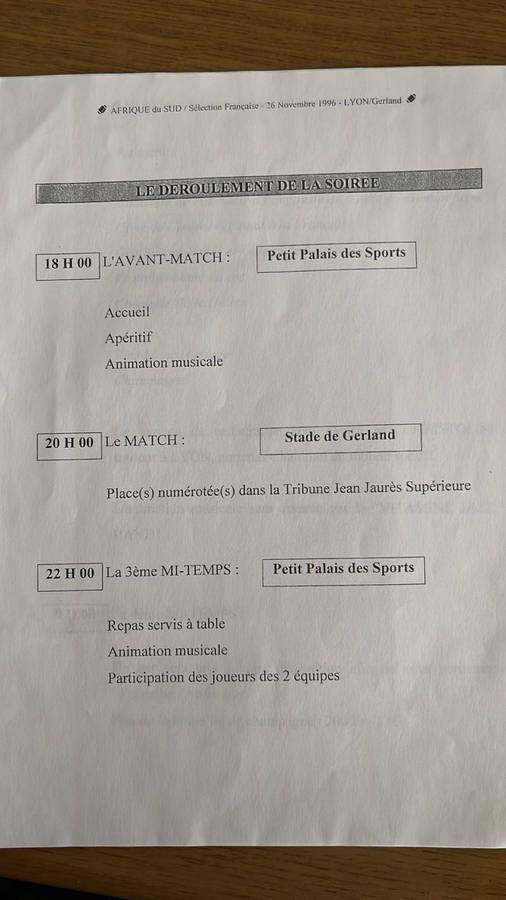 1996 South Africa vs Selection Française-Invitation from the President of Lyons Rugby, details below