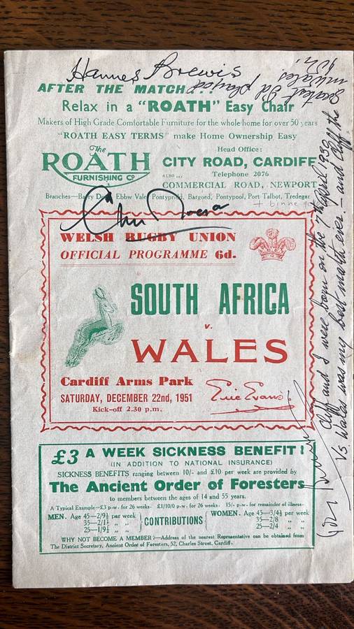 1951 South Africa vs Wales Signed & Inscribed Programme, details below
