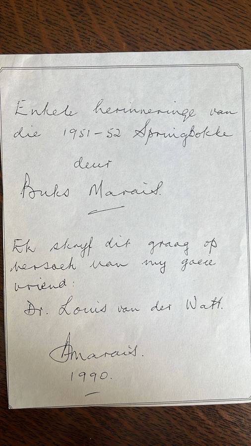 An Extremely Unique Item...Buks Marais' Thoughts on Other Springboks, details below