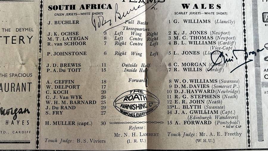 1951 South Africa vs Wales Signed & Inscribed Programme, details below