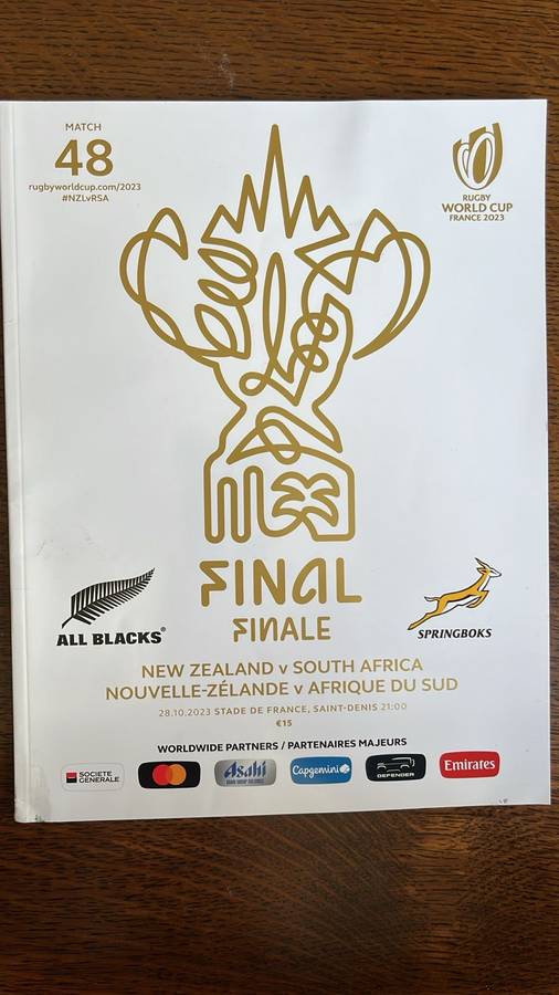 2023 RWC Final New Zealand vs South Africa Programme & Pin, details below