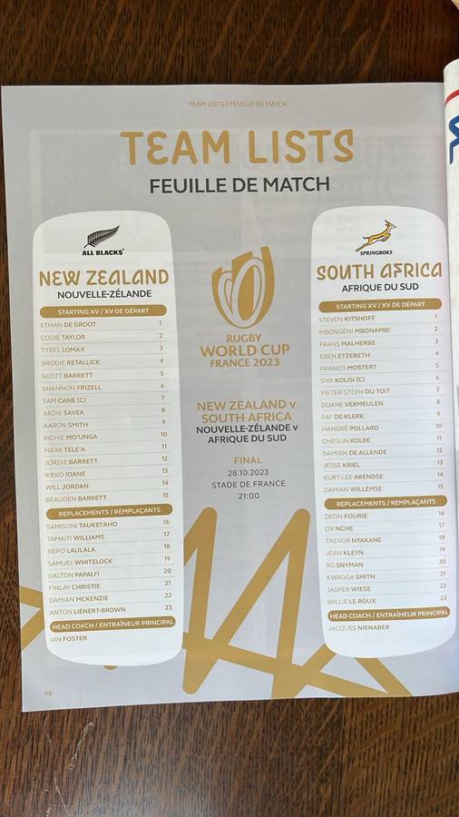2023 RWC Final New Zealand vs South Africa Programme & Pin, details below