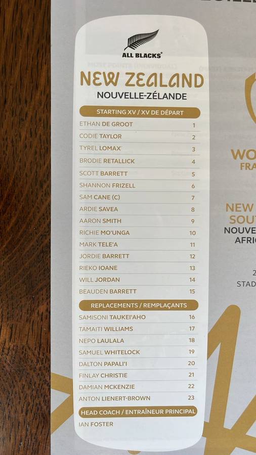 2023 RWC Final New Zealand vs South Africa Programme & Pin, details below