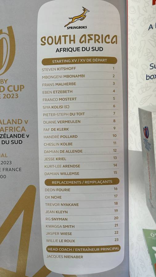 2023 RWC Final New Zealand vs South Africa Programme & Pin, details below