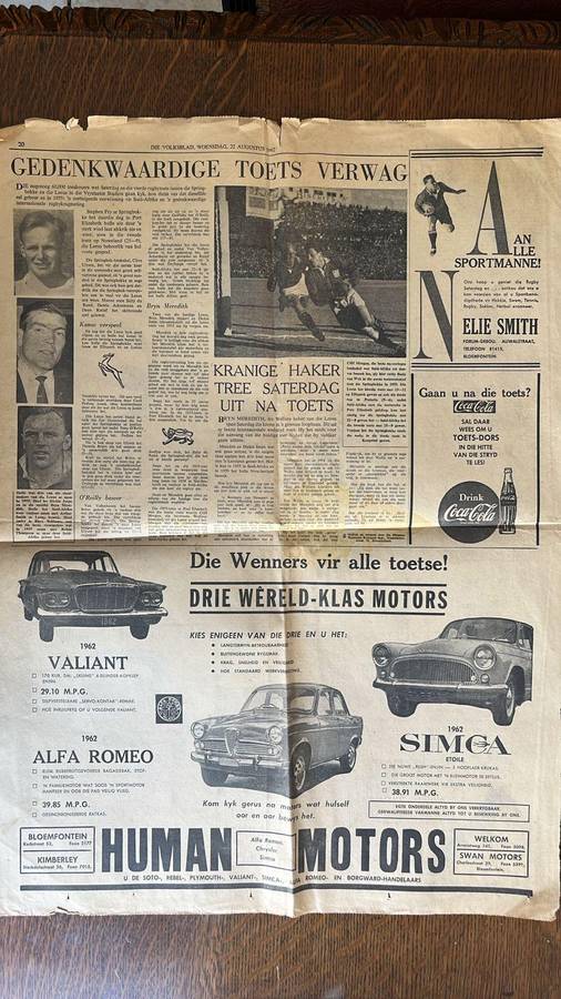 1962 Die Volksblad Springbok vs The British Lions 4th test Newspaper Articles, details below
