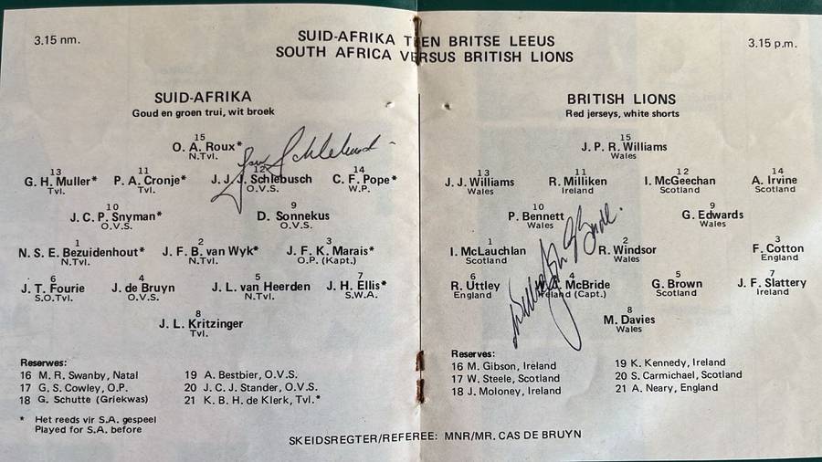 1974 British Lions vs South Africa at Boet Erasmus Stadium Signed Programme, details below