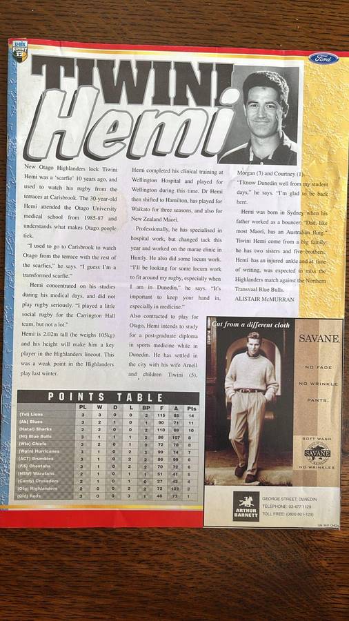 1997 Otago Highlanders vs Northern Transvaal Blue Bulls at Dunedin Programme, details below