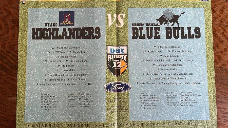 1997 Otago Highlanders vs Northern Transvaal Blue Bulls at Dunedin Programme, details below