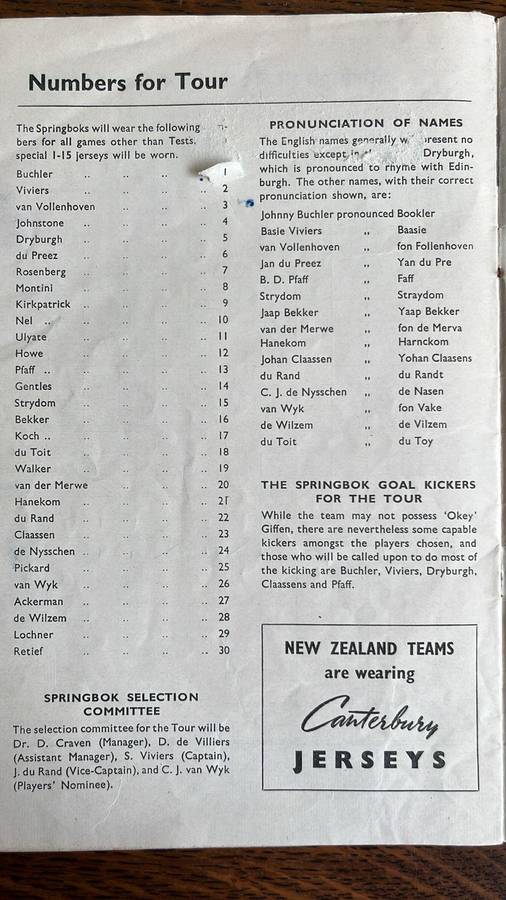 1956 Springboks in New Zealand Pen Pics & Itinerary, details below