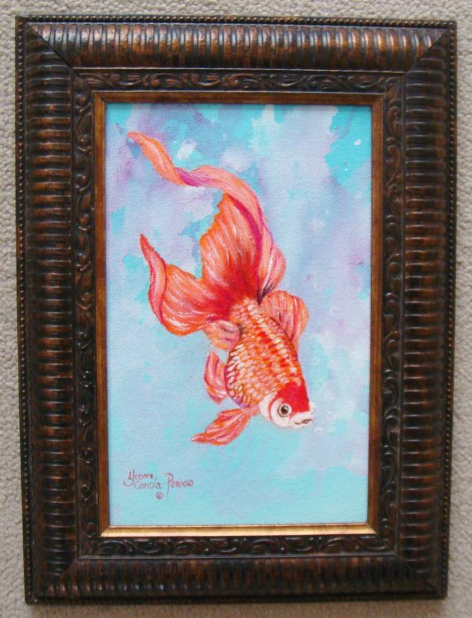 `GOLD FISH `  -  BEAUTIFULY FRAMED OIL - ORIGINAL !!  by YVONNE CAROLA-PEARCE - Size 32Omm x 24Omm