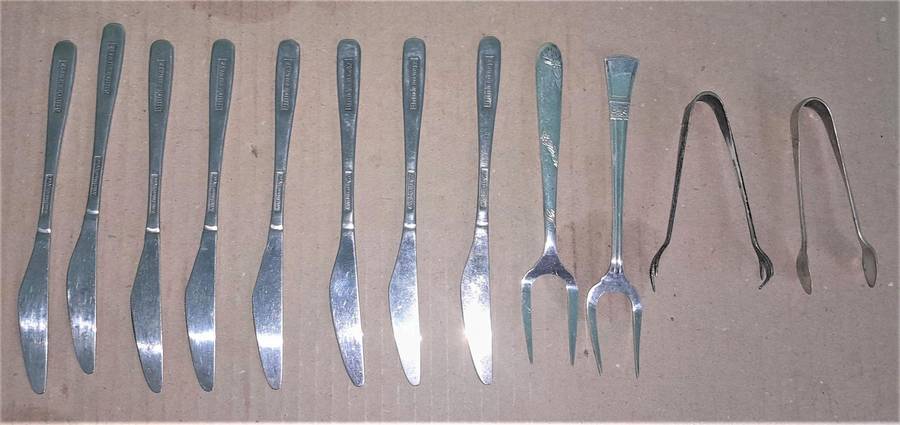 8 Vintage British Airward Knives + 2 forks + Sugar & Ice pickers - as per pictures