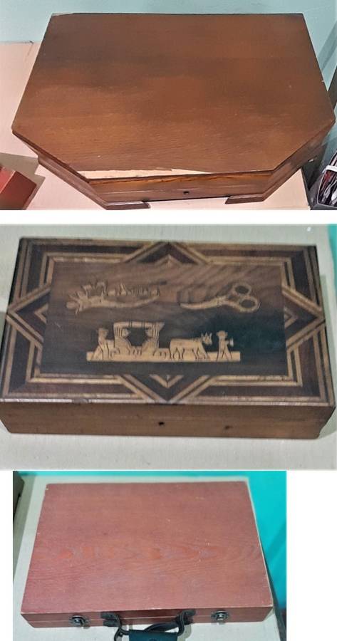 3 Wooden Storage Boxes, includes a cutlery & sewing kit - as per pictures