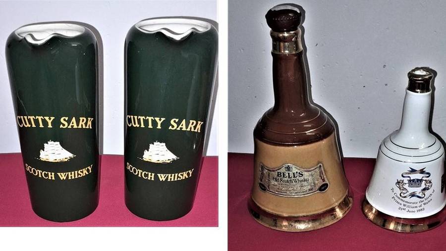 2 x Vintage Cutty Sark Pitchers (Wade PDM) & 2 Vintage Bell Decanters - Prince William Birth (Wad