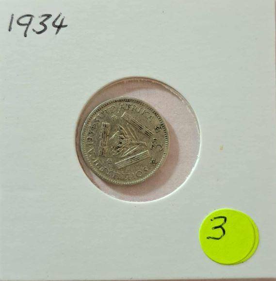 1934 South Africa Union 3 Pence in Mylar #3