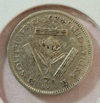 1934 South Africa Union 3 Pence in Mylar #3