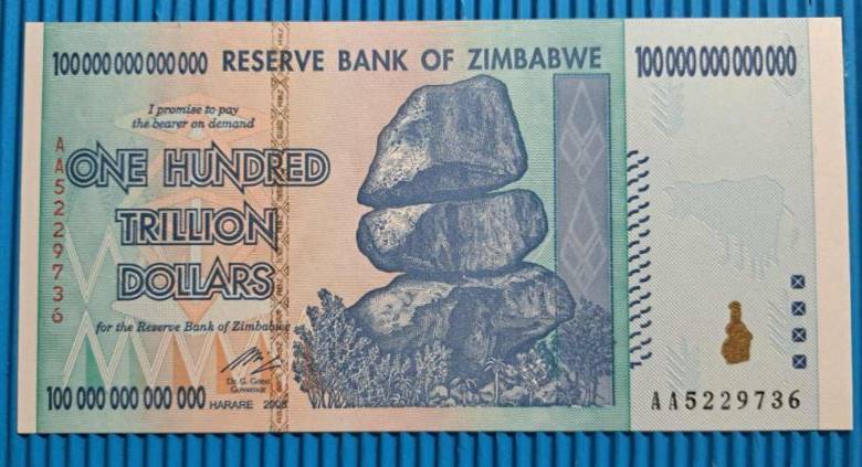 *** ZIMBABWE 100 TRILLION DOLLAR NOTE - AA5229736  - 100% AUTHENTIC NOTE  ***