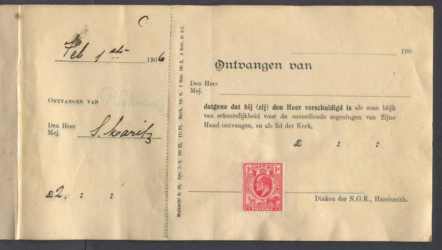 Orange River Colony - Revenue Document - Receipt Book 4 Used + 15 Unused each with 1d ORC Stamp