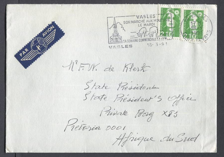 RSA - Cover Send From France addressed To President F.W. de Klerk