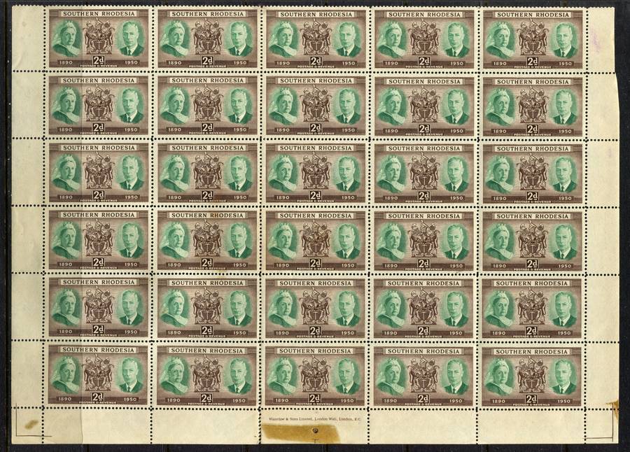 Southern Rhodesia - Bottom Half of Sheet of 30 - 1950 - MNH - Some Separation