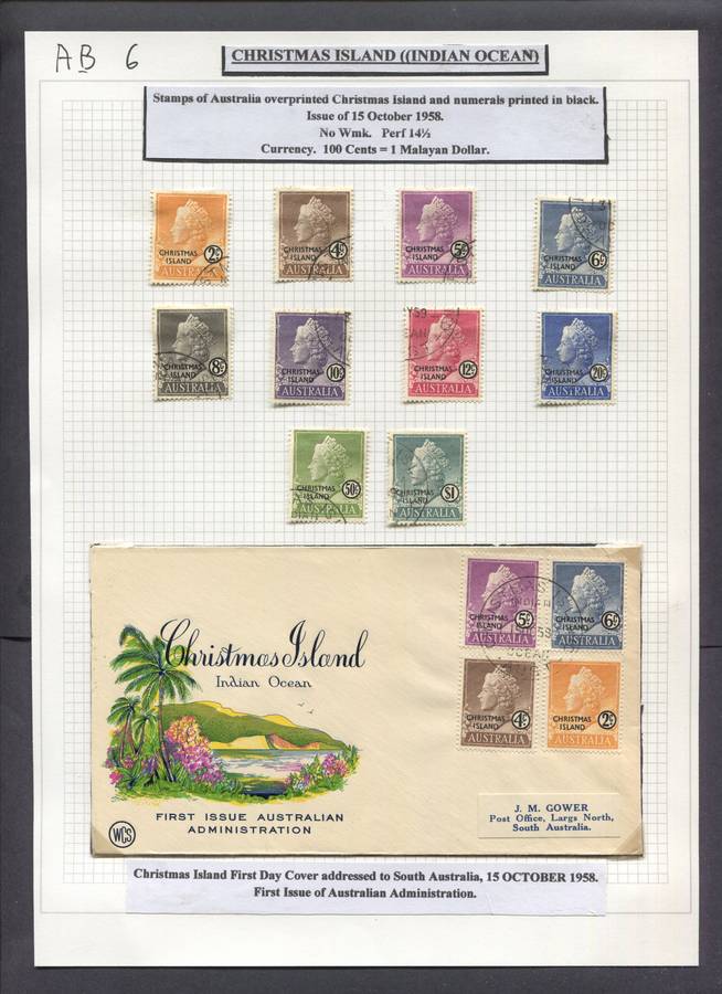 Christmas Island - 10 Stamps (Hinged) + 1 Cover (in Photo Corners) on Album Page