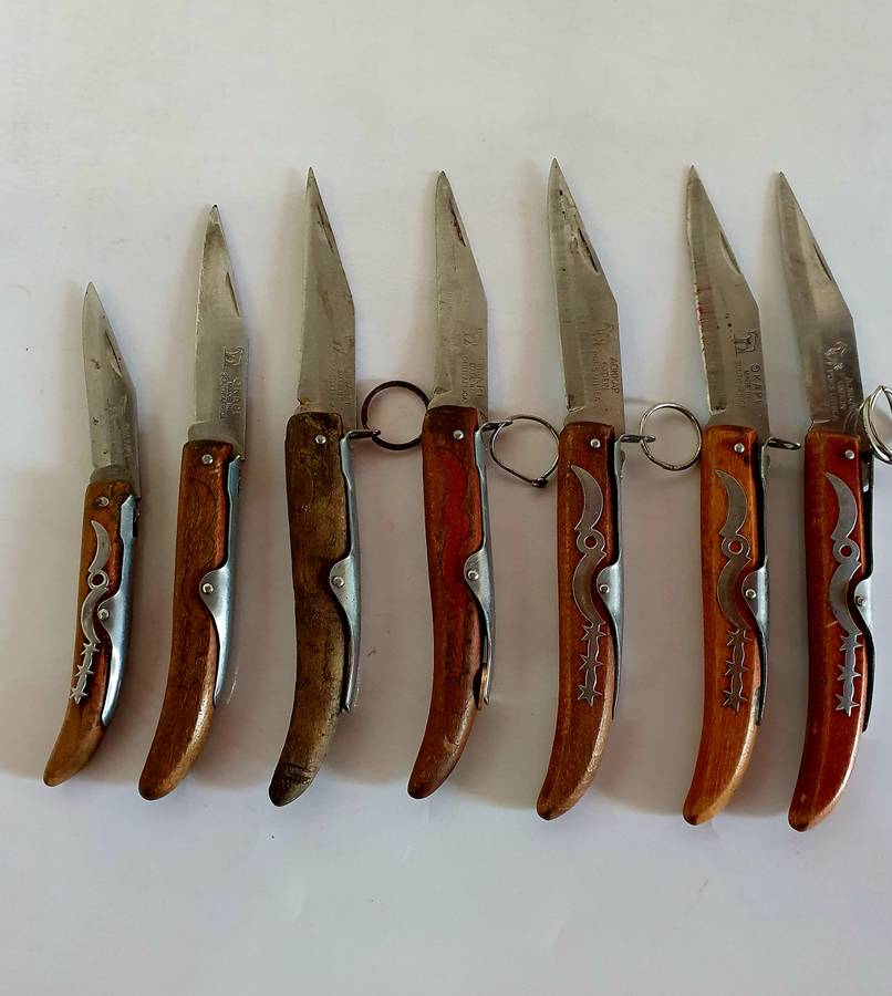 7 X VINTAGE OKAPI FOLDING KNIFES. 5 X 23CM, 1X 21CM, 1 X 18CM.