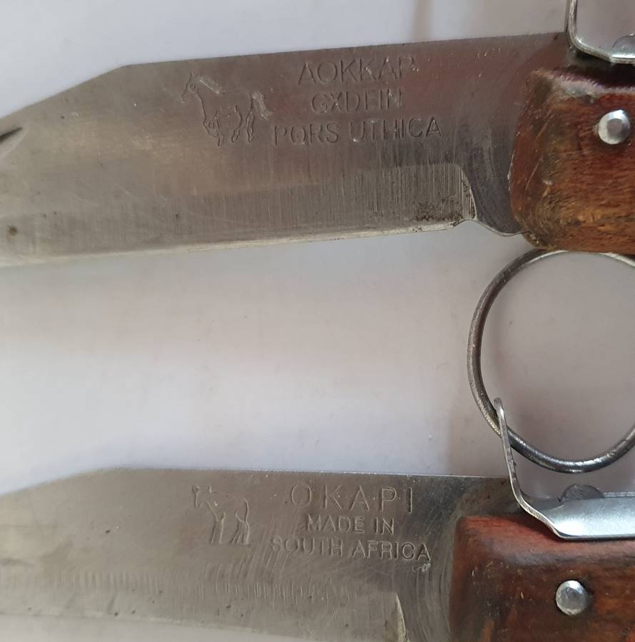 7 X VINTAGE OKAPI FOLDING KNIFES. 5 X 23CM, 1X 21CM, 1 X 18CM.
