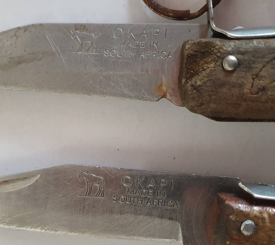 7 X VINTAGE OKAPI FOLDING KNIFES. 5 X 23CM, 1X 21CM, 1 X 18CM.