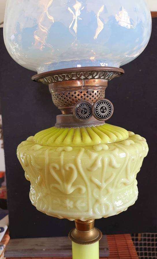 VICTORIAN GREEN VASELINE GLASS OIL LANTERN. C1870s. 700mm HIGH.