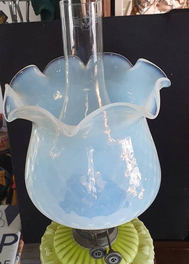 VICTORIAN GREEN VASELINE GLASS OIL LANTERN. C1870s. 700mm HIGH.