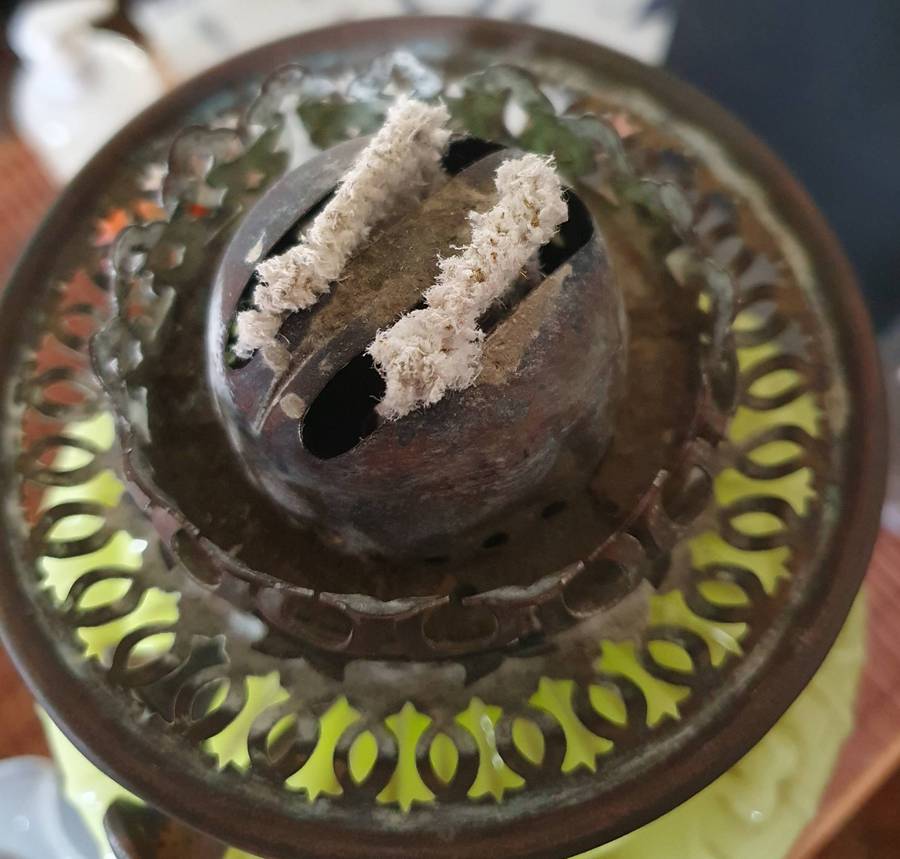 VICTORIAN GREEN VASELINE GLASS OIL LANTERN. C1870s. 700mm HIGH.