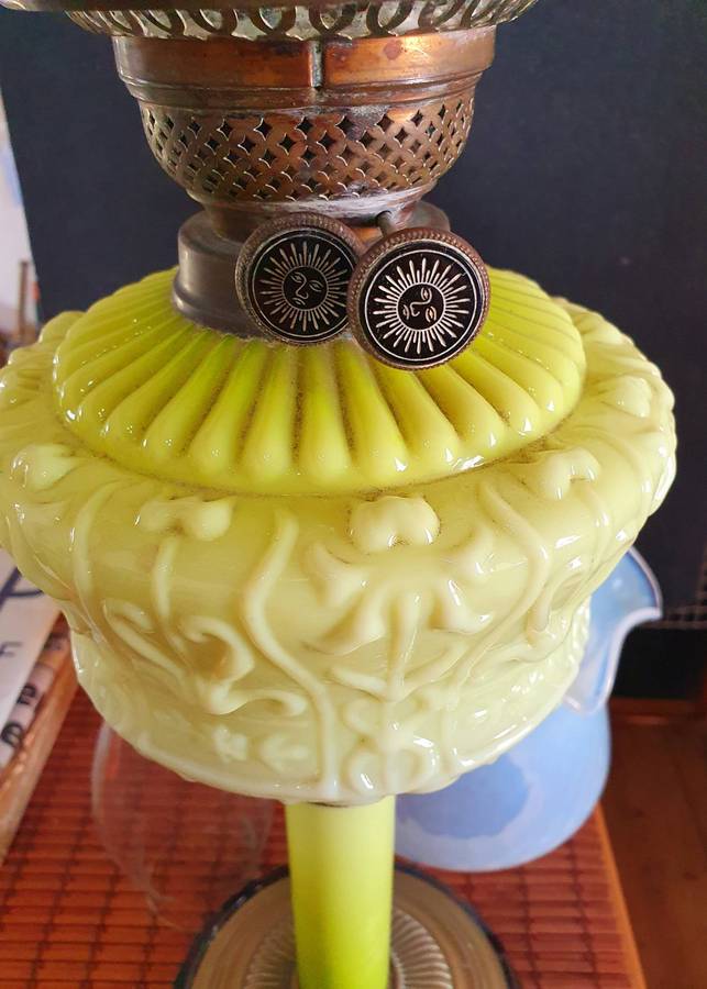 VICTORIAN GREEN VASELINE GLASS OIL LANTERN. C1870s. 700mm HIGH.