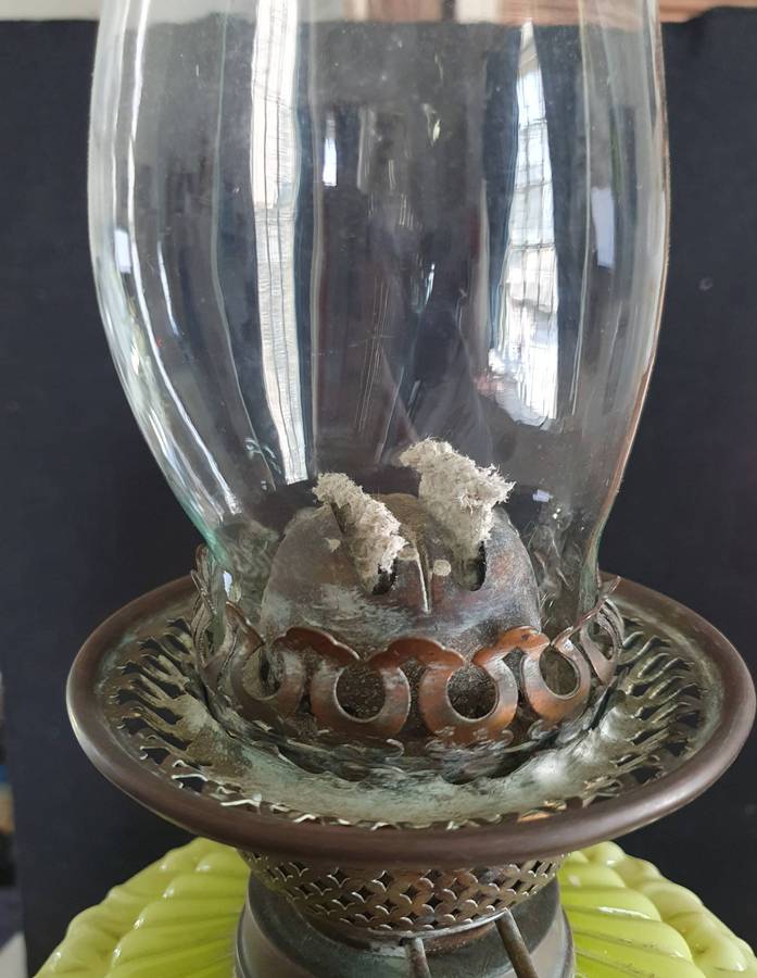 VICTORIAN GREEN VASELINE GLASS OIL LANTERN. C1870s. 700mm HIGH.