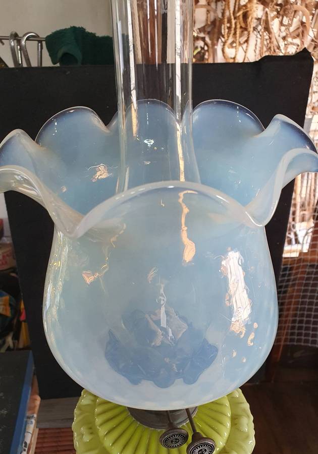 VICTORIAN GREEN VASELINE GLASS OIL LANTERN. C1870s. 700mm HIGH.