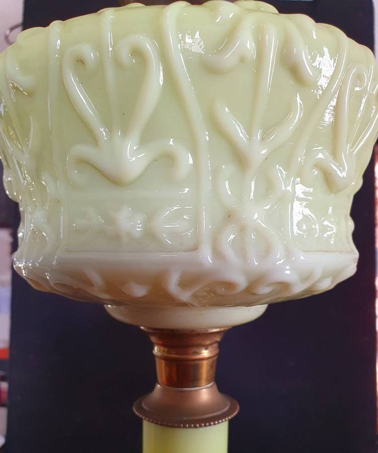 VICTORIAN GREEN VASELINE GLASS OIL LANTERN. C1870s. 700mm HIGH.