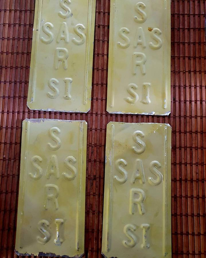 4 X VINTAGE EMBOSSED SAR / SAS METAL SIDING PLATES. ONE BID FOR ALL 4.