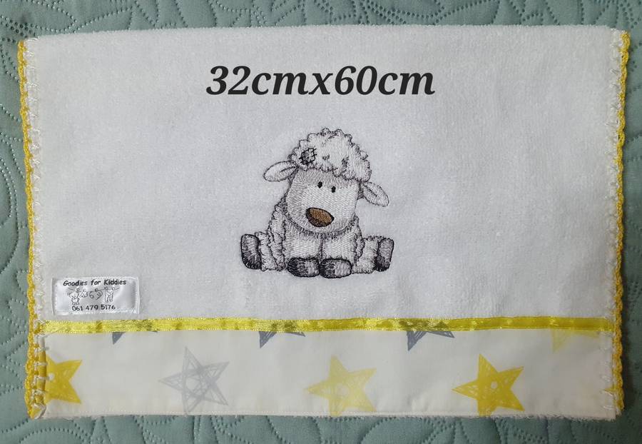 EMBROIDERED BURP CLOTH (SPOEGDOEK) - POLY TOWELLING - 32CMX60CM WITH MATCHING TOY