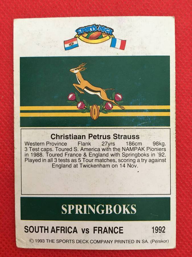 VINTAGE RUGBY TRADING CARD - 1993 SPORTS DECK - SOUTH AFRICA VS FRANCE -  TIAAN STRAUSS