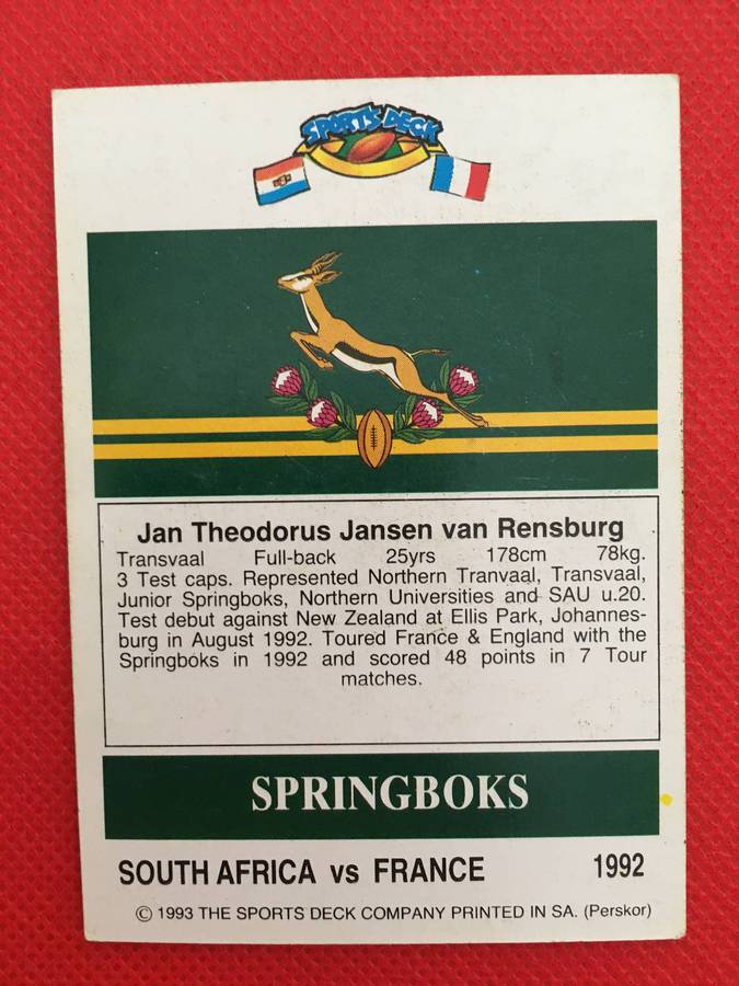 VINTAGE  RUGBY TRADING CARD  1993 SPORTS DECK - SOUTH AFRICA VERSUS FRANCE - THEO VAN RENSBURG