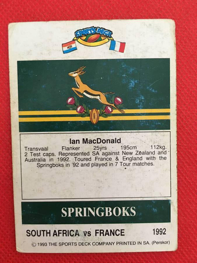 VINTAGE RUGBY TRADING CARD - 1993 SPORTS DECK - SOUTH AFRICA VS FRANCE -  IAN MACDONALD