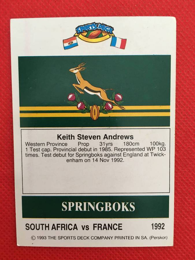 VINTAGE RUGBY TRADING CARD - 1993 SPORTS DECK - SOUTH AFRICA VS FRANCE - KEITH ANDREWS