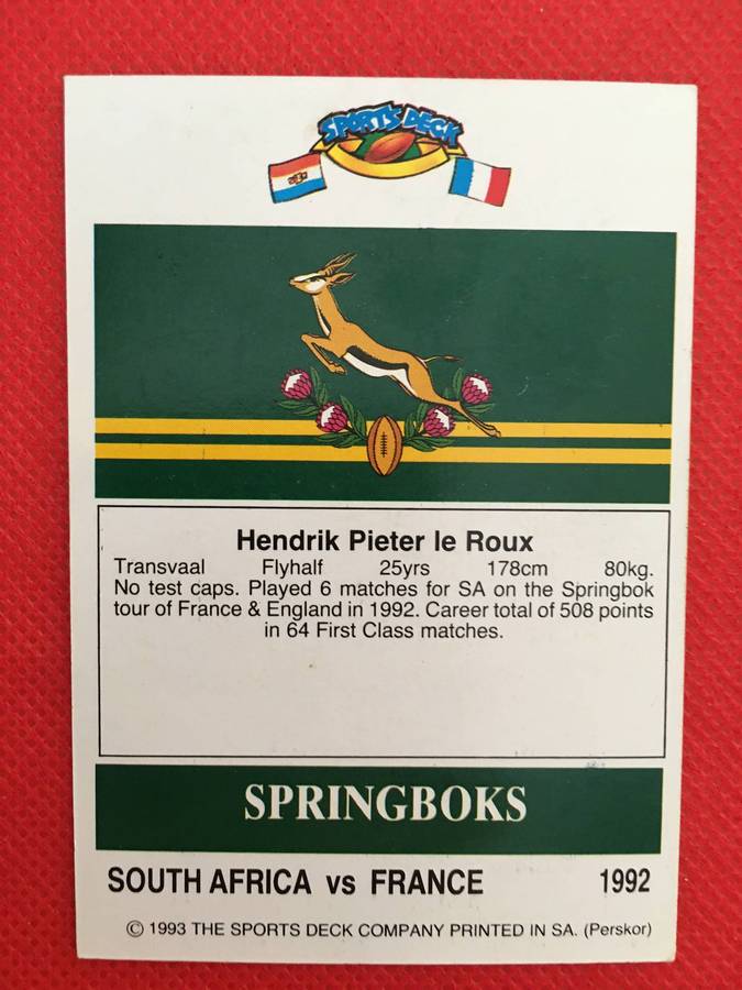 VINTAGE RUGBY TRADING CARD - 1993 SPORTS DECK - SOUTH AFRICA VS FRANCE - HENNIE LE ROUX