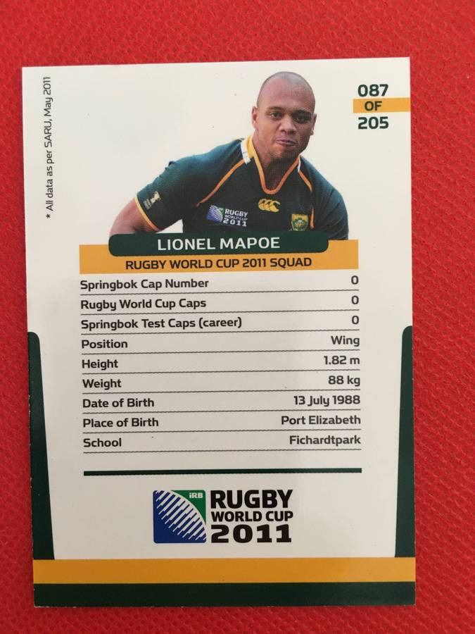 RUGBY TRADING CARD - SPRINGBOKS - LIONEL MAPOE - 2007