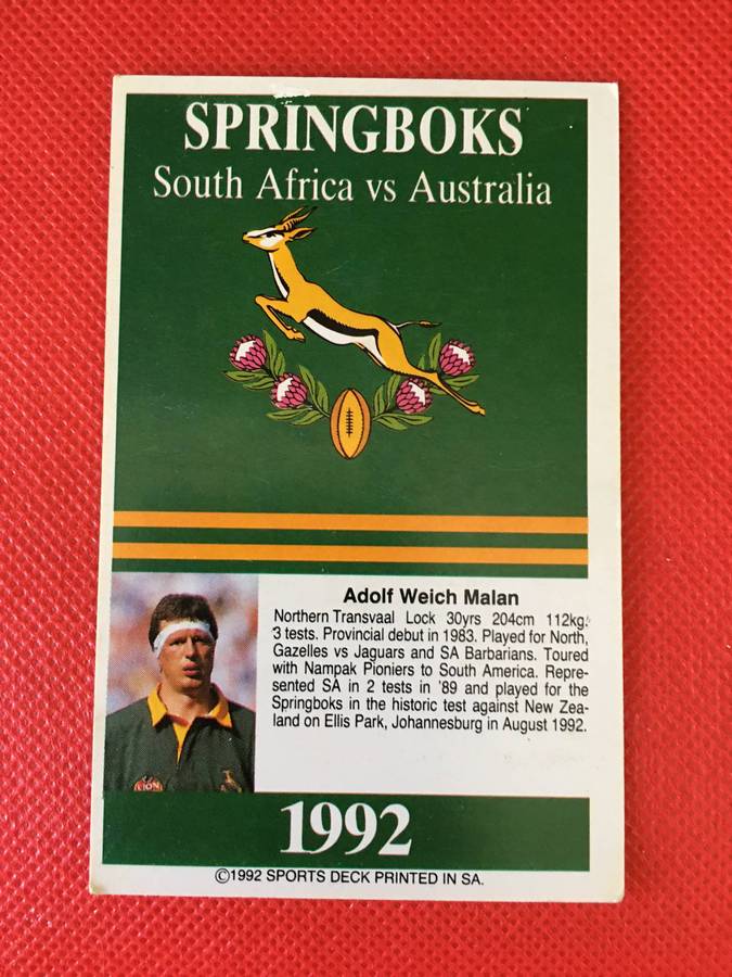 VINTAGE RUGBY TRADING CARD - 1992 SPORTS DECK - SPRINGBOKS  - ADOLF MALAN