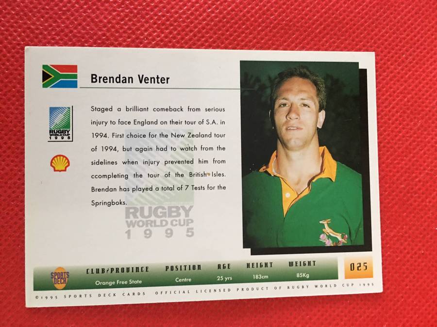 VINTAGE RUGBY TRADING CARD - SHELL - 1995 -  BRENDON  VENTER